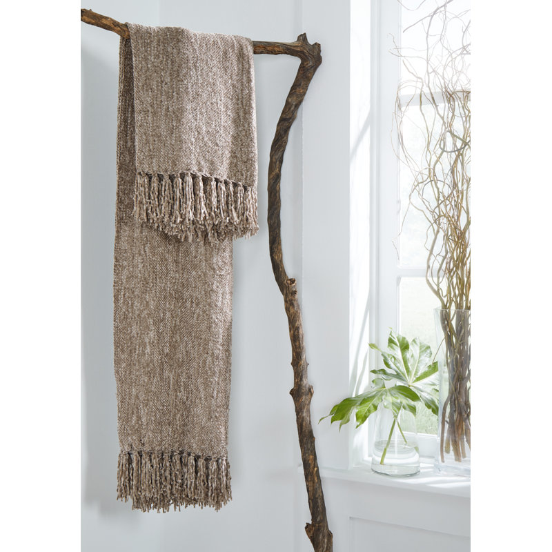Tamish Taupe 60" x 50" Polyester Throw Blanket with Knotted Fringe