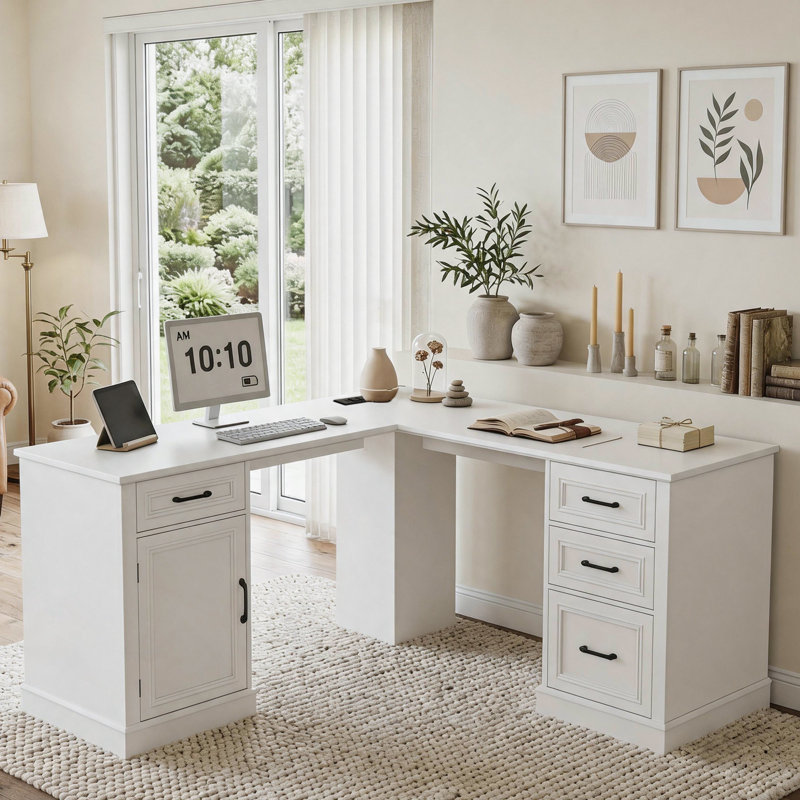 Farmhouse 59" L-Shaped Executive Desk With Drawers, White/White