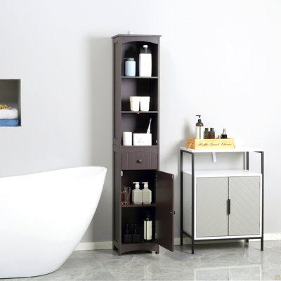 Armoire de rangement pour salle de bain, unité de rangement pour salle de bain autoportante, grande tour en lin avec tablettes à 3 niveaux et tiroir, brun
