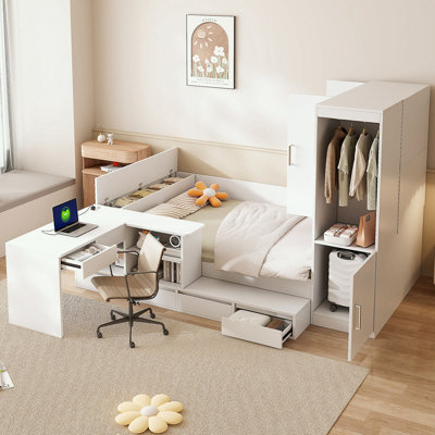 Full size Wooden Platform Bed with 6 Drawers, Shelves, desk and Wardrobe