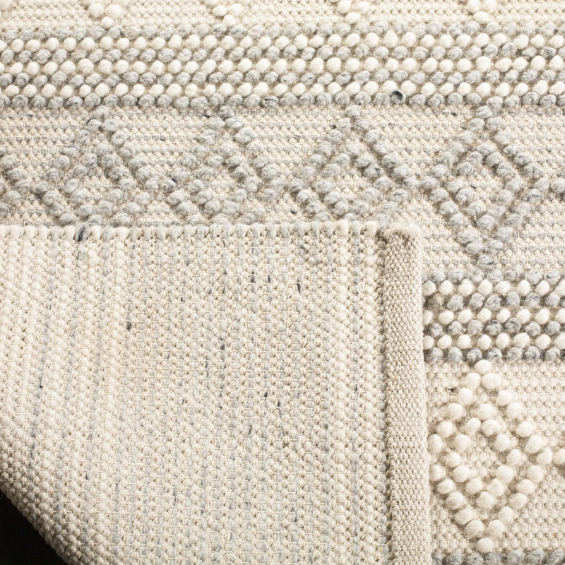 Tapis ivoire / gris en laine / coton tissé à la main à motif géométrique Diara, Rectangle de 10 pi x 14 pi