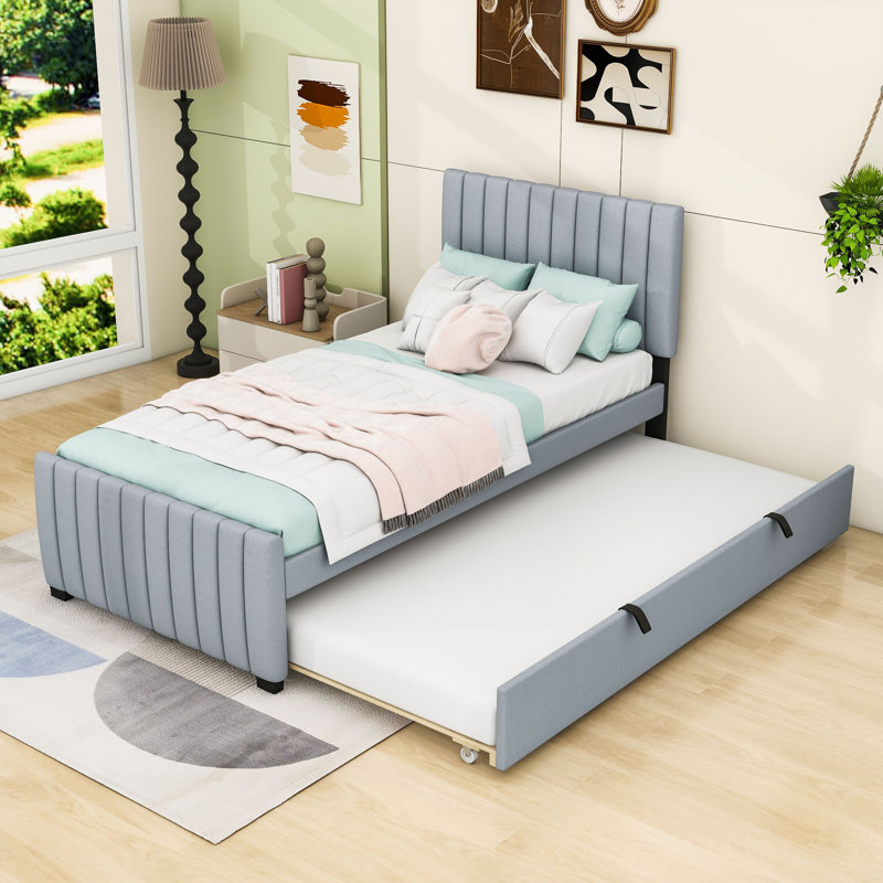 Twin Velvet Upholstered Platform Bed with Trundle, Gray