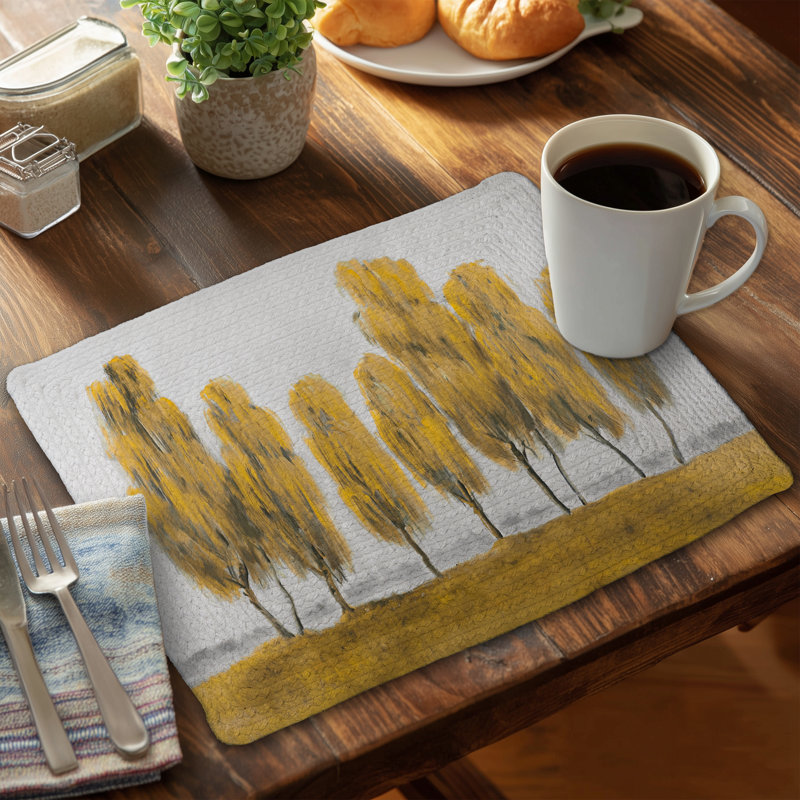 Gray Braided Polyester Placemat - Seven Abstract Yellow Trees