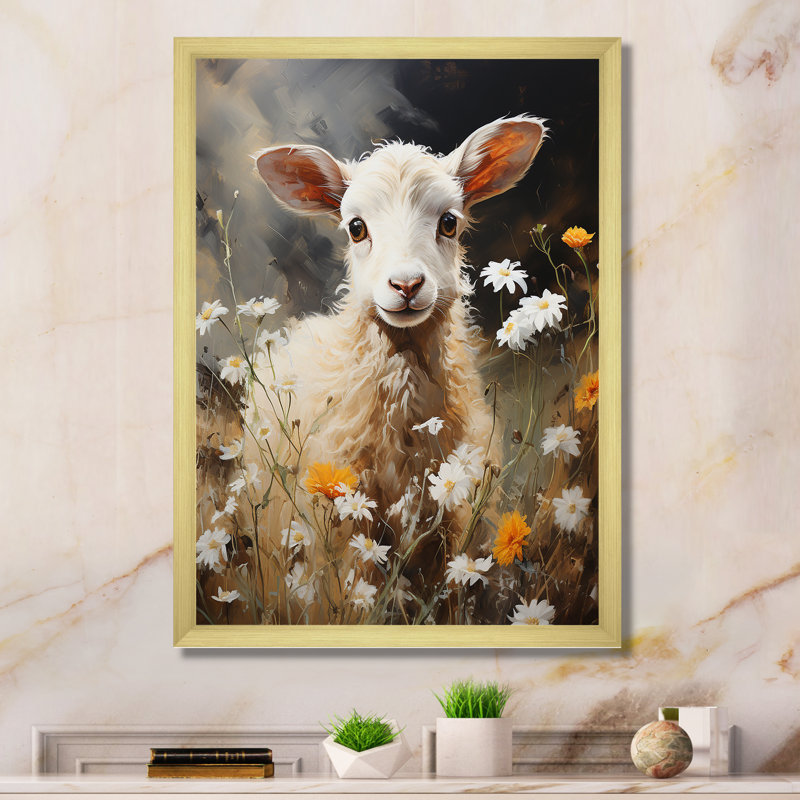 Chèvre blanche, prairie florale I - Chèvre, art mural, Cadre doré simple, H 32 po x l 24 po x P 1 po