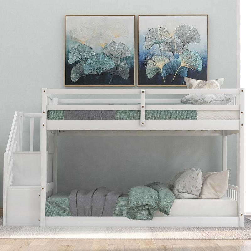 Lit superposé simple au-dessus d'un lit simple, échelle avec rangement, Blanc