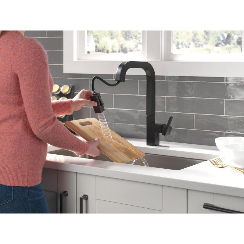 Robinet de cuisine noir mat Junction avec douchette rétractable, robinet d'évier de cuisine monotrou moderne, poignée simple, noir mat