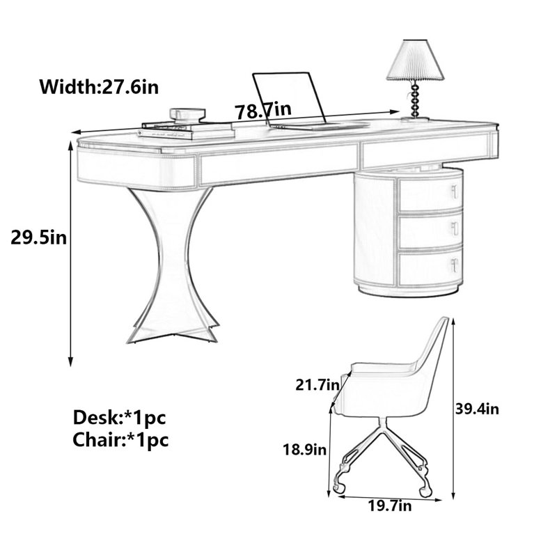 Bureau en noyer moderne moderne, H 29,5 po x l 78,7 po x P 27,6 po