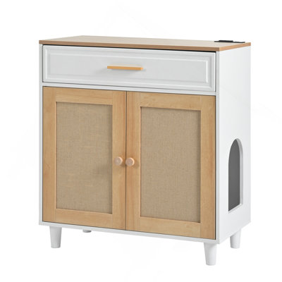 3 IN 1 Cat Furniture, Litter Box Enclosure With Cat Scratcher, Cat House Modern Side Table With Storage