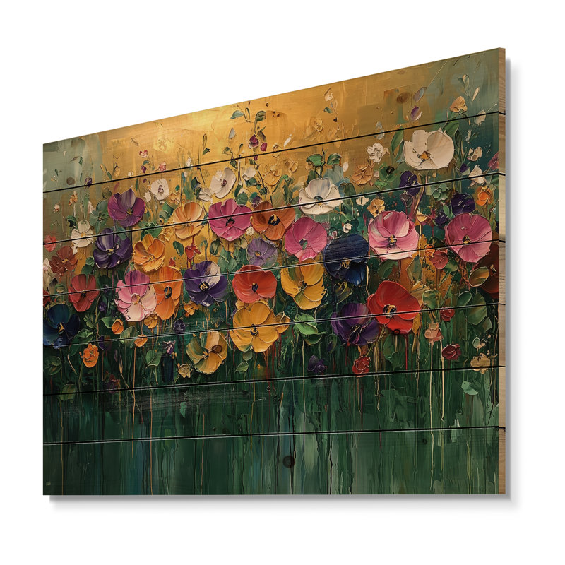 Roses et fleurs sauvages Country Bloom Field I - Décoration murale en bois de roses - sur bois de pin naturel