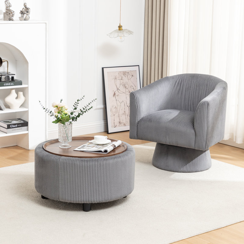 Table basse ronde avec rangement Pietsch, Velours côtelé gris