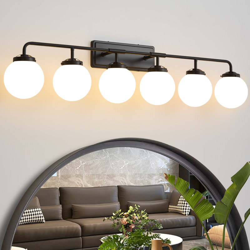 Brackenley 6 - Light Dimmable Vanity Light With Hand Blown Glass Globe Shade, Matte Black, White