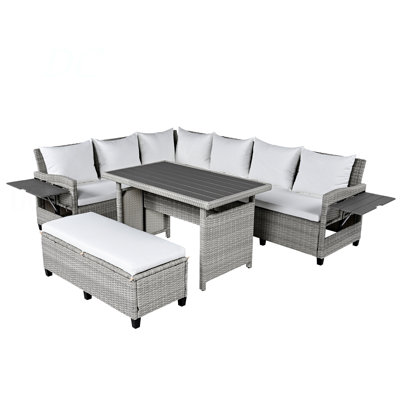 5-Piece Outdoor Patio Rattan Sofa Set, Sectional PE Wicker L-Shaped Garden Furniture Set With 2 Extendable Side Tables, Dining Table And Washable Covers For Backyard, Poolside, Indoor