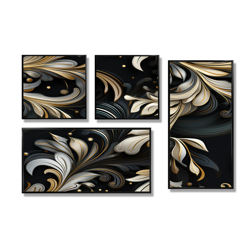 Hockett - Art mural abstrait 4 pièces, Noir, Reproduction encadrée sans passe-partout