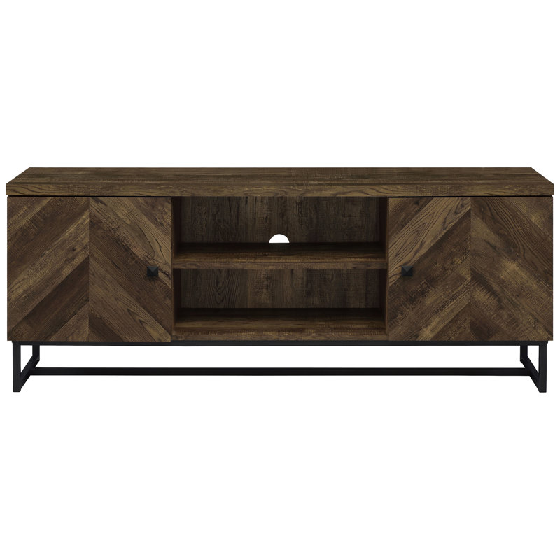 Contemporary Tv Stand In Rustic Oak With Pattern And Sled Trestle For Homes 2-Door Industrial Legs Functional Shelving Living Areas