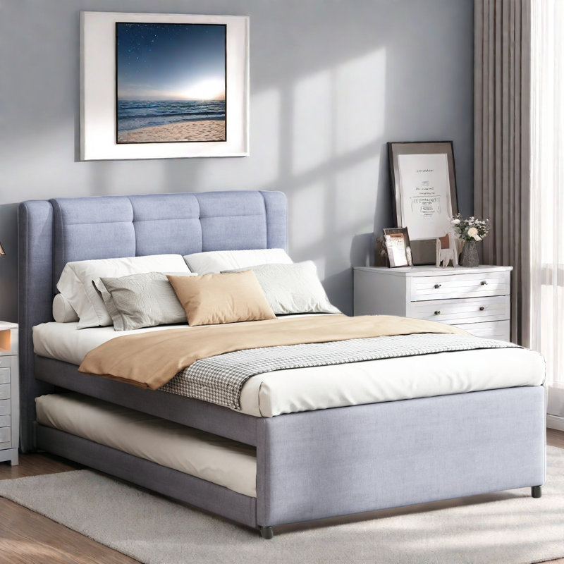Upholstery Platform Bed With Multifunctional Trundle, Gray