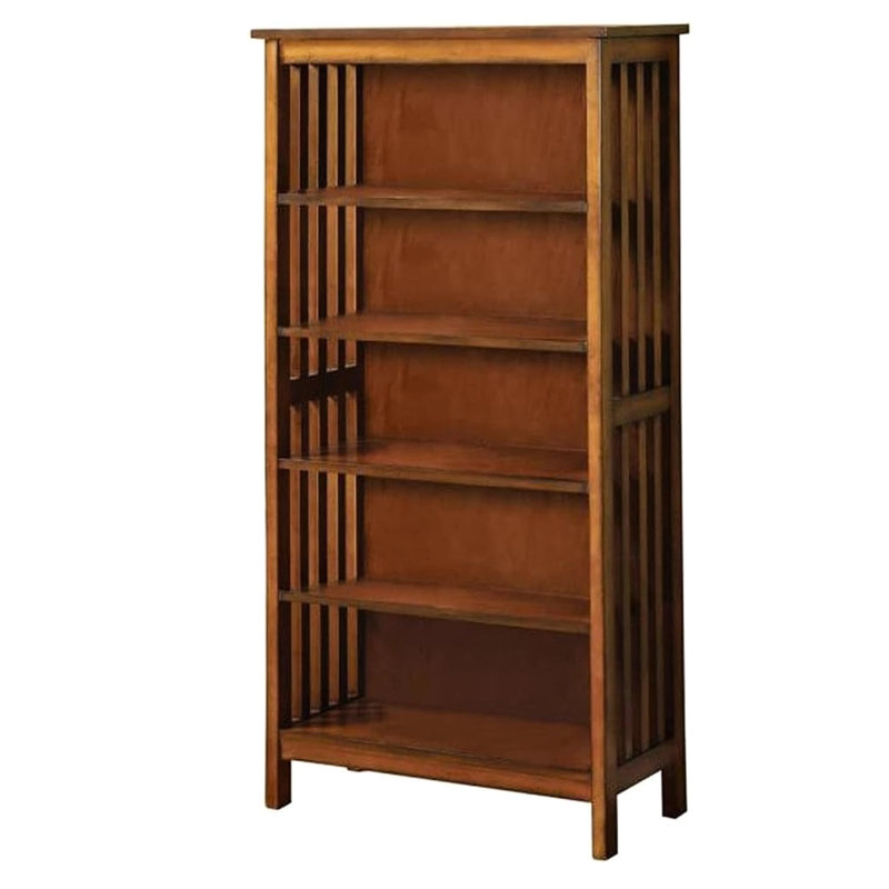 Transitional Style Solid Wood Shelf With 5-shelves In Antique Oak Hue Display Cabinet Finish For Media