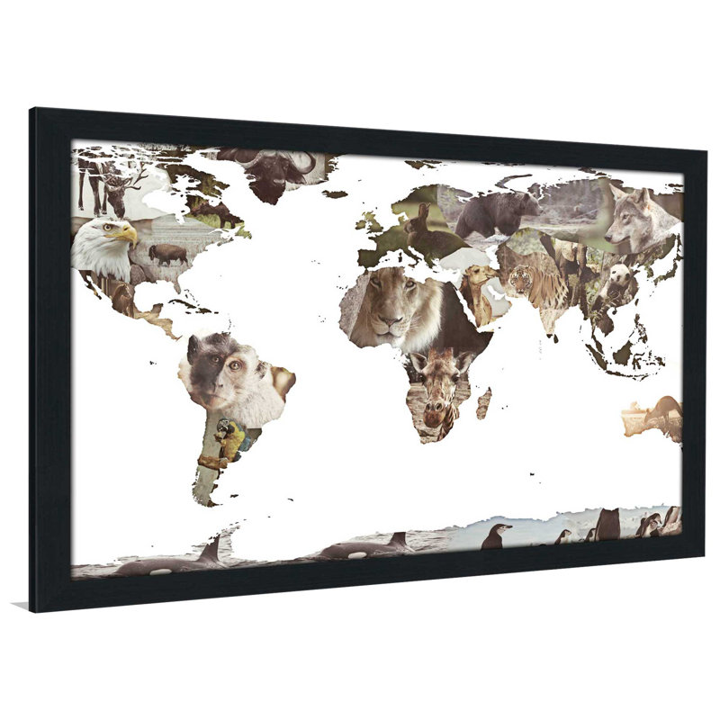 «World Animals Map», impression, H 27,5 po x l 39,5 po x P 0,75 po, Cadre espresso