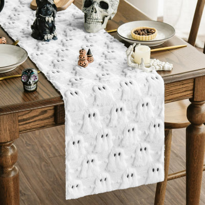 White Soft Faux Fur Ghost Halloween Table Runner 13x90 Inch | Seasonal Kitchen Dining Table Decoration for Home Party Decor, Embroidered 3D Plush