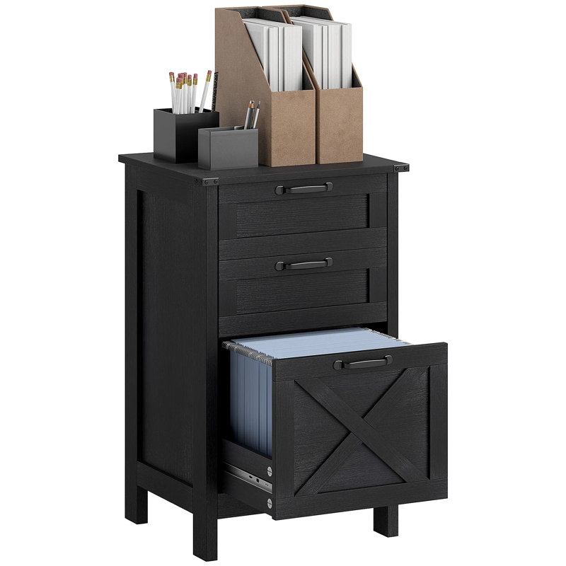 Classeur vertical à 3 tiroirs, armoire de rangement rustique pour dossiers de format A4 et lettre, noir vieilli avec finition grain de bois