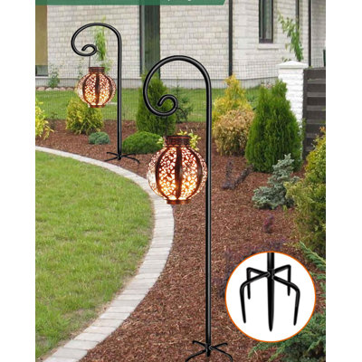 60 Inch Outdoor Shepherd Hook For Hanging Plant, Adjustable Heavy Duty Bird Feeder Pole With 5 Prong Base For Solar Lanterns, Black & 2 Packs
