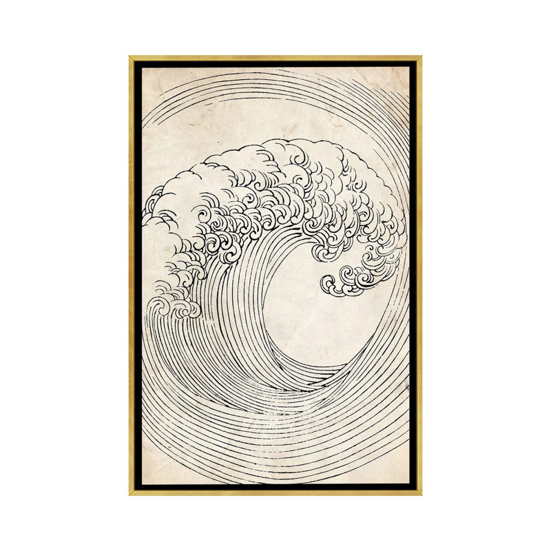 Croquis de vague zen rétro, H 60 po x l 40 po, Cadre flottant doré