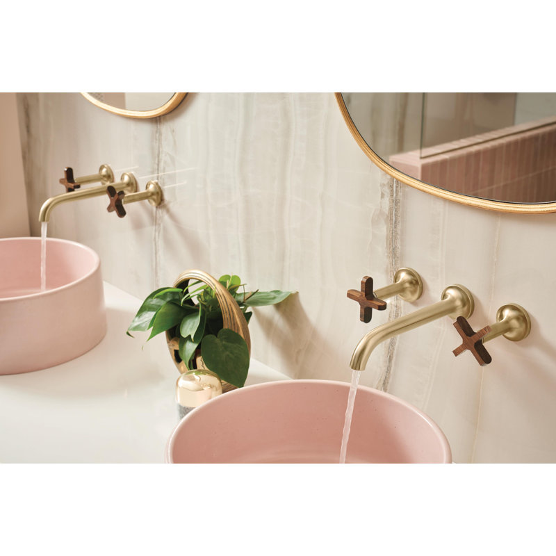 Odin® Two-Handle Wall Mount Lavatory Faucet, Cross Handle with Teak, Brilliance Luxe Gold, 1.5