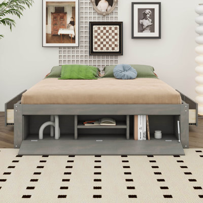 Platform Bed Frame With 4 Storage Drawers And Hydraulic Lift Footboard Storage, No Headboard