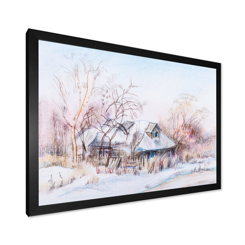 Winter Farmhouse Landscape II - reproduction de cadre flottant sur toile, Cadre noir, H 8 po x l 12 po x P 1 po