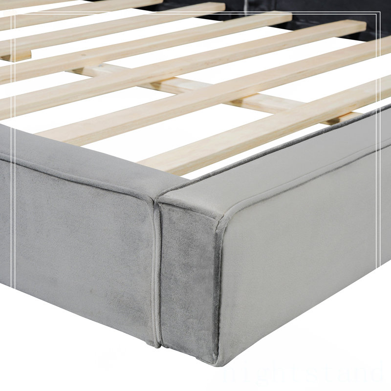 Grand lit plateforme tapissier avec tissu en velours, Gris
