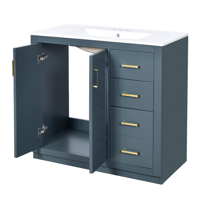 Meuble-lavabo 72 po avec lavabo en céramique, Bleu / doré