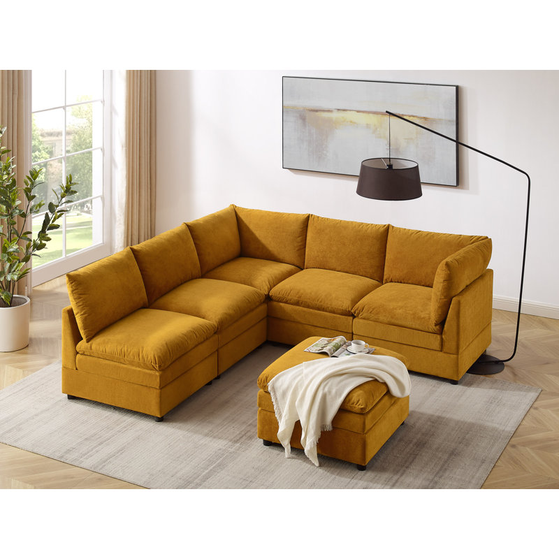  Cann 6-Piece Upholstered Modular Sectional Couch With Ottoman, Orange Polyester Blend