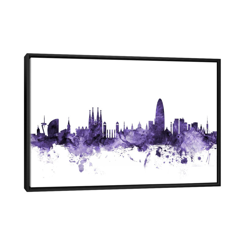" Barcelona, Spain Skyline " by Michael Tompsett, 18" H x 26" W x 1.5" D, Black Floater Framed Canvas, No Mat