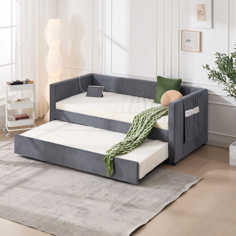 Lit de jour rembourré avec couchette, port USB, poches latérales, Gris