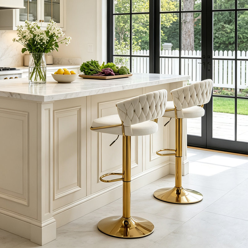 Christal Swivel Upholstered Adjustable Height Counter Stool, Ivory, Gold