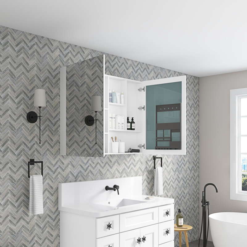Armoire de rangement pour salle de bain miroir l 48 po x H 36 po - Unité de porte murale, encastrée / en surface 48 po x 36 po en bois blanc, plusieurs compartiments, décor moderne