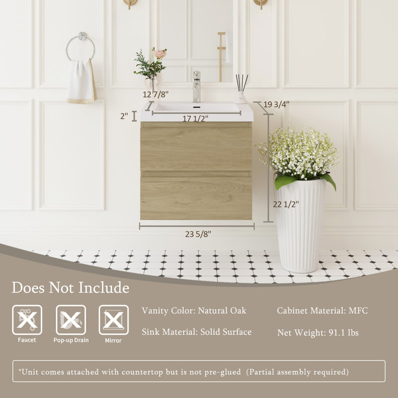 Meuble-lavabo flottant 24 po avec lavabo 24 po, Chêne, 24"
