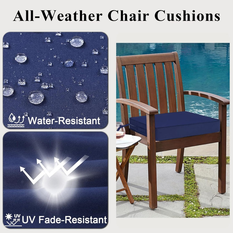 2-Pack Royal Blue Outdoor Seat Cushions, Water-Resistant Fade-Proof 35D Foam / Ties & Zipper, 20"W x 20"D x 4"T