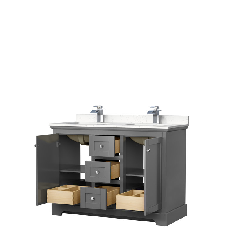 Ensemble de meuble-lavabo double 48 po Avery, Gris foncé, Marbre de culture de Carrare veiné clair, Chrome poli