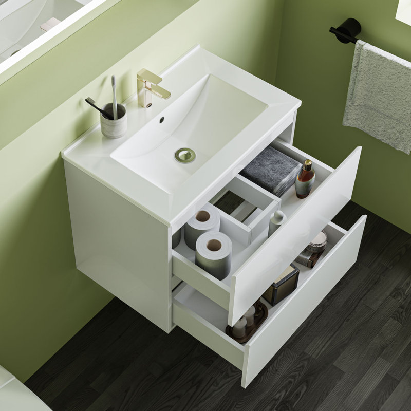 Coltura 600 mm Wall Mounted Combined Vanity Unit with Drop In Ceramic Basin, White