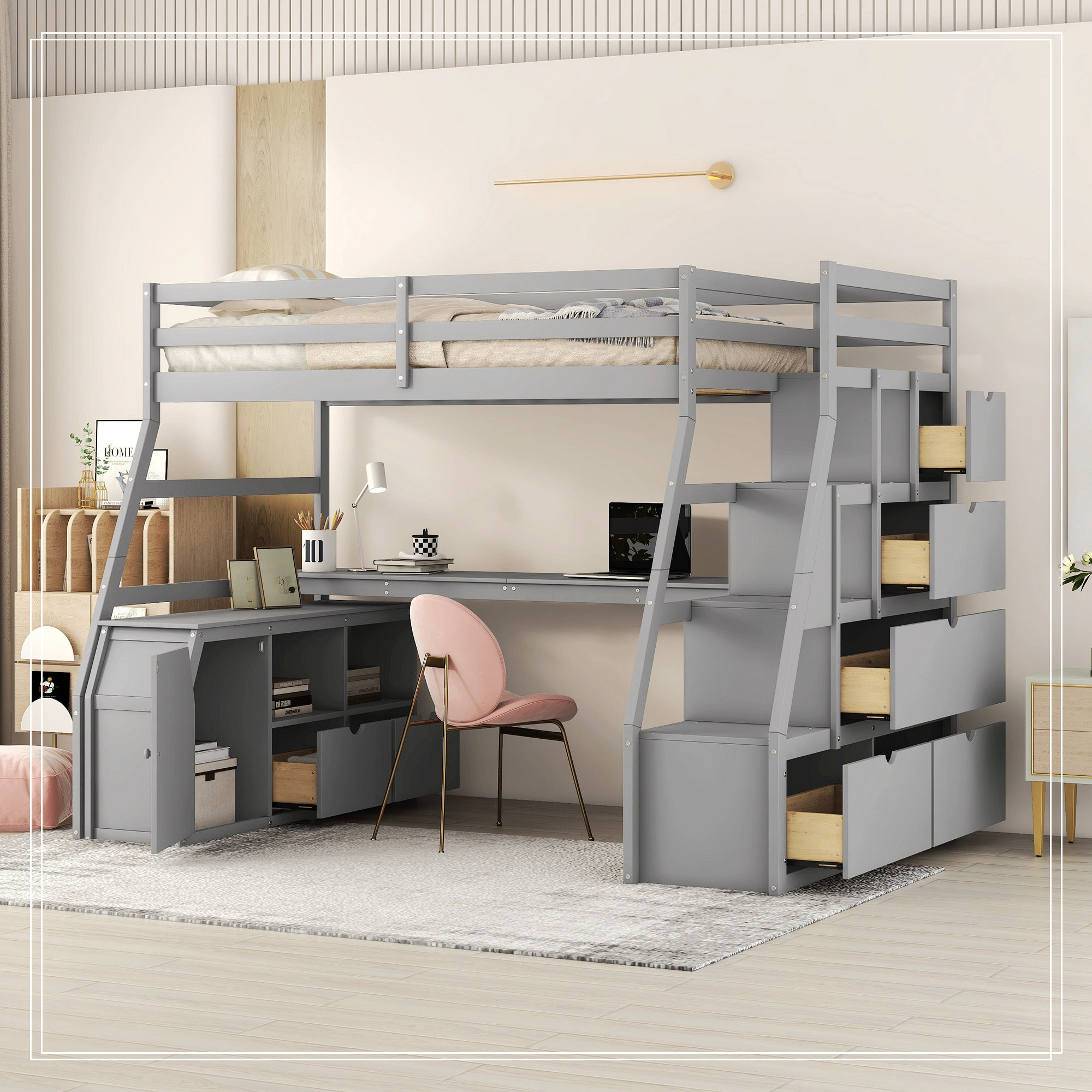 Harriet Bee Twin Size Loft Bed With 7 Drawers 2 Shelves And Desk ...