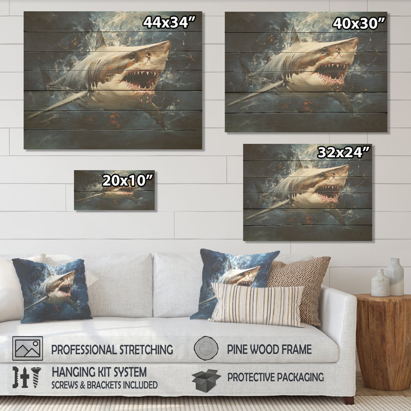 Underwater Shark Attack III - Shark On Wood Print, 30" H x 40" W