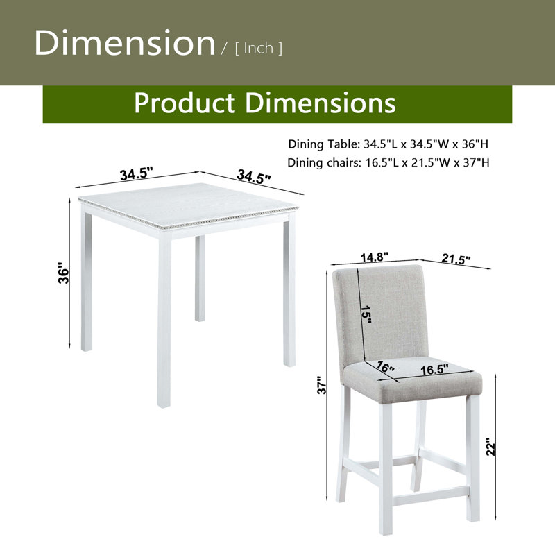 Ensemble de table 5 pièces à hauteur de comptoir, ensemble de table de cuisine en bois avec table carrée et 4 chaises rembourrées, ensemble de table de salle à manger à hauteur de comptoir avec décoration en cristal et ensemble de chaises