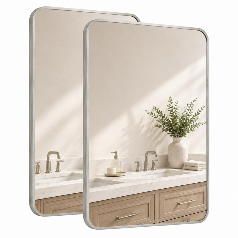 Ensemble de miroirs muraux modernes en verre trempé avec cadre en métal pour salle de bain, 36 po x 24 po, Brushed Nickel