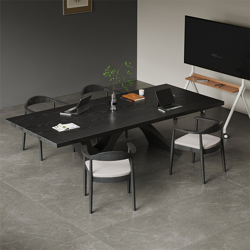Bureau rectangulaire en bois massif noir et acier au carbone noir, H 29,53 po x l 94,49 po x P 31,5 po 