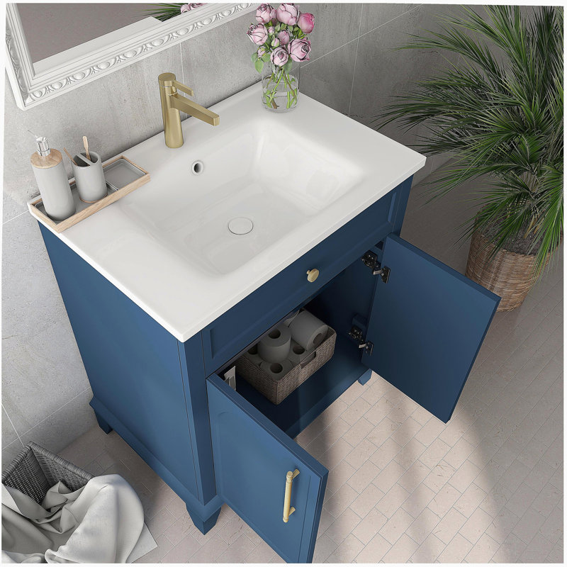 Meuble-lavabo moderne 27,8 po avec surface peinte, meuble-lavabo autoportant Mid-Century avec rangement, meuble-lavabo haut de gamme avec tiroirs et poignées en métal