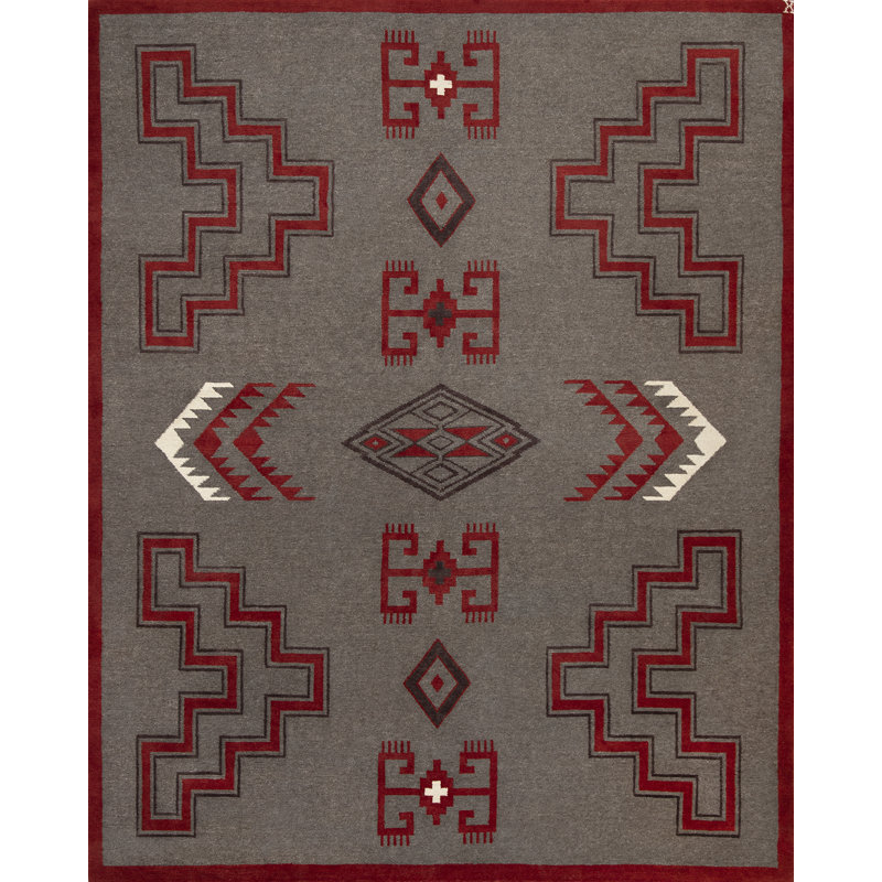 Mesa Hand Knotted Wool Geometric Shapes Area Rug in Gray/Red, Rectangle 2'6" x 3'