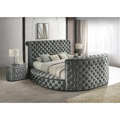 Luxurious Bed Nightstand Deeply Tufted Headboard Nail Head Trim Upholstery Velvet Footboard Integrated Television Lift Mechanism Built-In Electric Fireplace Storage 3Pc Set