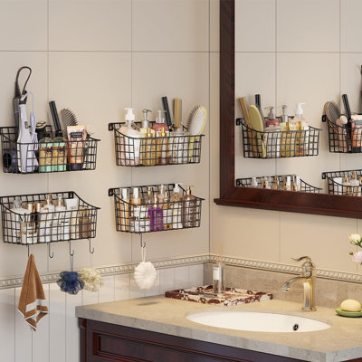 Paquet de 4 paniers muraux suspendus pour l'organisation, grand panier en métal pour le garde-manger avec crochet 5 S + 4 crochets adhésifs, tablette murale pour la salle de bain