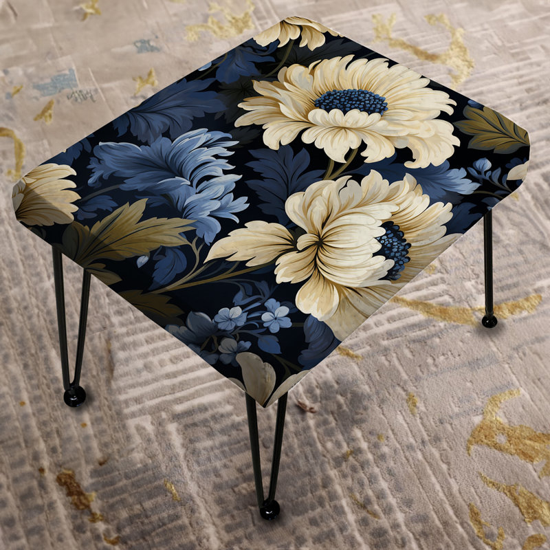 Beige et bleu fleur damassée Nostalgia - Repose-pieds rectangulaire damassé