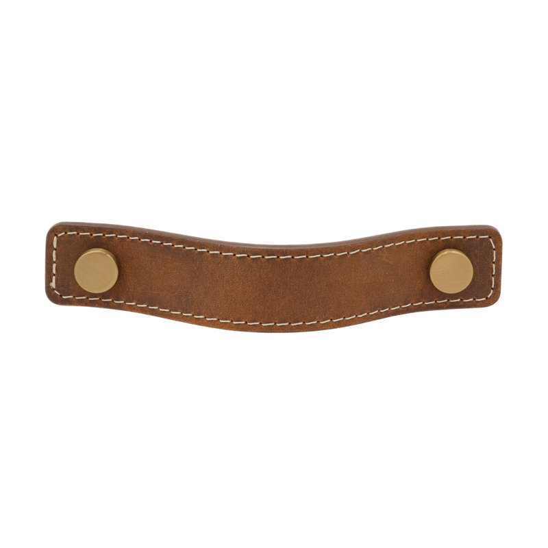 Saddle Leather 4" Center to Center Satin Brass Drawer Pull, 4", Brown/Satin Brass